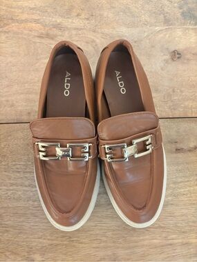 ALDO Brown Leather Slip-On Loafers with Gold Chain Accent